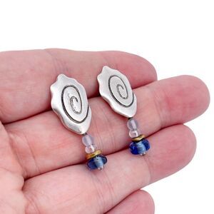 Vintage Sterling Silver 925 Blue Glass Bead Spiral Dangle Earrings